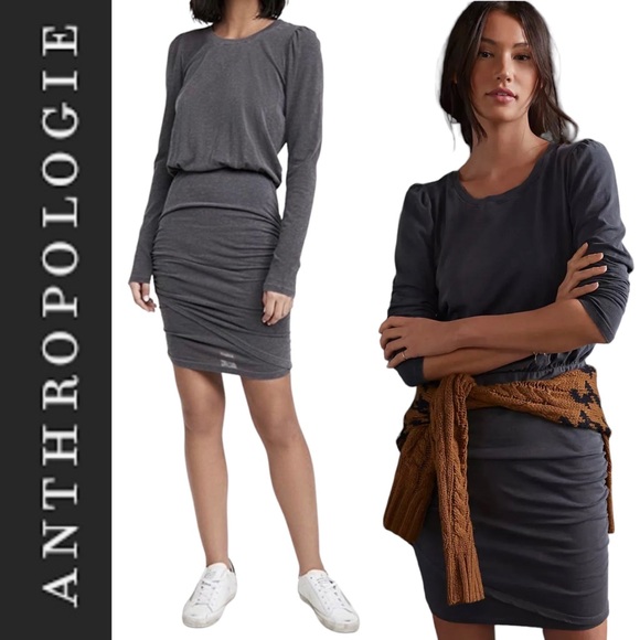 NWT Sundry for Anthropologie Shirred Puff Sleeve Dress in Carbon size m - Picture 2 of 16